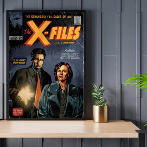 May include: A vintage comic book cover featuring the X-Files, with the title "The X-Files" in red and yellow lettering. The cover features two characters, a man and a woman, standing in front of a bright light. The text on the cover reads "The Strangest FBI Cases of All!" and "Special Agent Dana Scully & The Lone Gunmen."