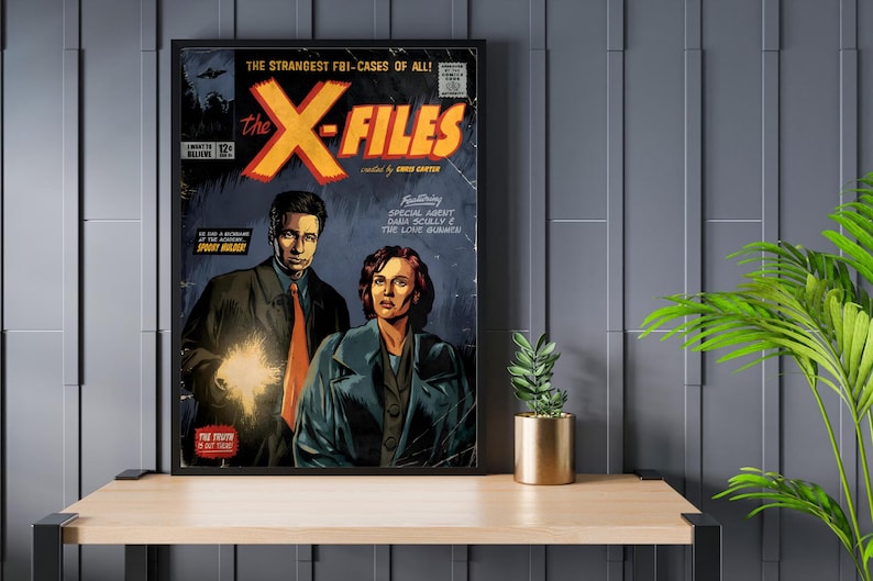 May include: A vintage comic book cover featuring the X-Files, with the title "The X-Files" in red and yellow lettering. The cover features two characters, a man and a woman, standing in front of a bright light. The text on the cover reads "The Strangest FBI Cases of All!" and "Special Agent Dana Scully & The Lone Gunmen."