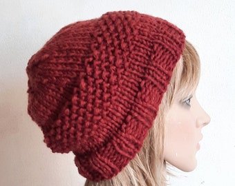 Chunky knit hat in cranberry dark brick red cherry wine maroon textured thick knitted beanie women men unisex warm winter toque READY MADE