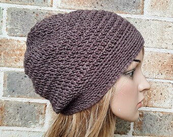 Chunky crochet slouchy hat taupe brown beanie men hat women unisex teen crochet beanie soft winter warm wool blend READY MADE