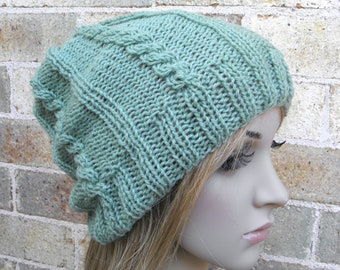 Knit slouchy hat light blue mint seafoam cabled beanie hand knitted with cables pure australian wool women teen men slouch touque READY MADE