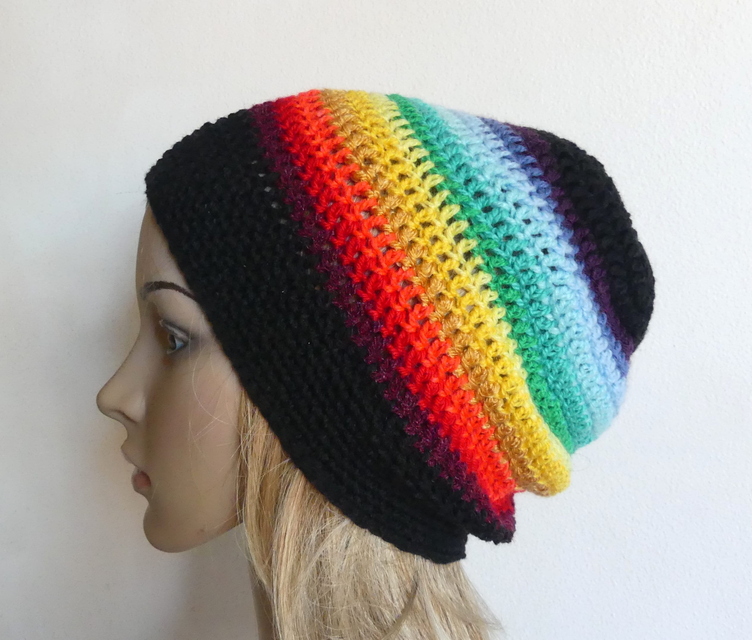 Crochet Beanie Black Rainbow Multicolor 