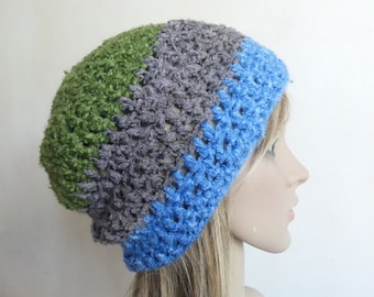 Chunky crochet hat colour block tri color moss green grey blue men women teen unisex affordable beanie thick soft winter toque READY MADE