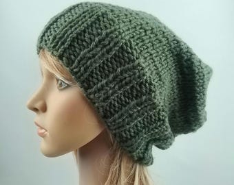 Hand knit slouchy oversized hat dark green beanie luxury chunky bulky thick winter warm knitted pure wool women teen men unisex baggy slouch