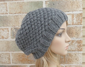 Hand knit grey beanie, medium grey soft textured knit hat, unisex slouchy hat, women warm hat, men woolen hat, chunky grey hat READY MADE