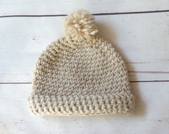 Baby pom pom hat crochet newborn beanie girl boy gender neutral beige oatmeal natural wool baby shower arrival gift pregnancy announcement