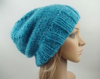 Gorro holgado extragrande tejido a mano, azul claro, gorro de lujo, grueso, voluminoso, cálido, tejido grueso de lana de alpaca, para mujeres, adolescentes, hombres, unisex, holgado.