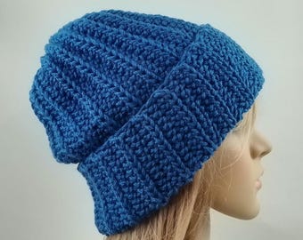 Hat fold over brim ribbed men cuffed beanie slouchy women teen chunky crochet knit winter warm medium dusty blue double brim