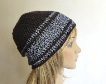 Crochet hat charcoal grey beanie with white black blue stripes, women wool slouch, men dark gray toque hat warm pure wool READY MADE