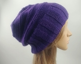 Hand knit slouchy hat wide ribbing in deep purple australian wool women beanie men unisex touque warm winter slouch
