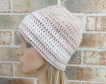 Crochet hat in natural beige cream stripes pure wool light brown fawn sandstone white women beanie men unisex warm winter slouch READY MADE