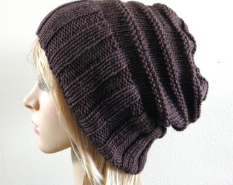 Tricot chapeau large bande en chocolat noir espresso café marron luxe laine douce tricotée à la main slouchy beanie femmes hommes unisexe