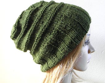 Hand knit slouchy hat wide band in dark green olive forest fern moss beanie men women teen unisex winter autumn slouch wool blend