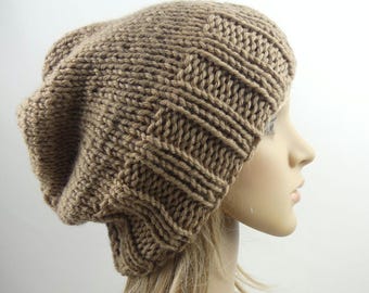 Hand knit slouchy oversized hat beige light brown beanie luxury chunky bulky thick winter warm knitted pure wool women teen men unisex baggy