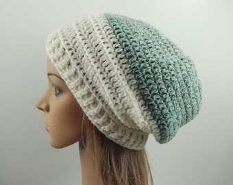 Slouchy hat colour block beanie marl green grey cream white warm winter hat crocheted wool unisex men women