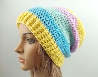 Beanie slouchy hat light pastel rainbow stripes colour block yellow green blue mauve pink crochet