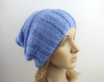 Alpaca silk Hand knit slouchy hat wide band in dusty blue luxury australian wool mohair women beanie men unisex touque warm winter slouch