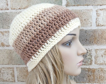 Crochet hat in natural beige cream stripes pure wool light brown fawn sandstone white women teen beanie unisex warm winter autumn READY MADE