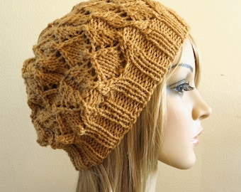 Lacy beret slouchy hat hand knit in caramel toffee camel light brown wheat tan beige wool women teen warm winter knitted beanie