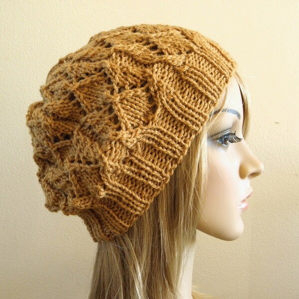 Lacy beret slouchy hat hand knit in caramel toffee camel light brown wheat tan beige wool women teen warm winter knitted beanie