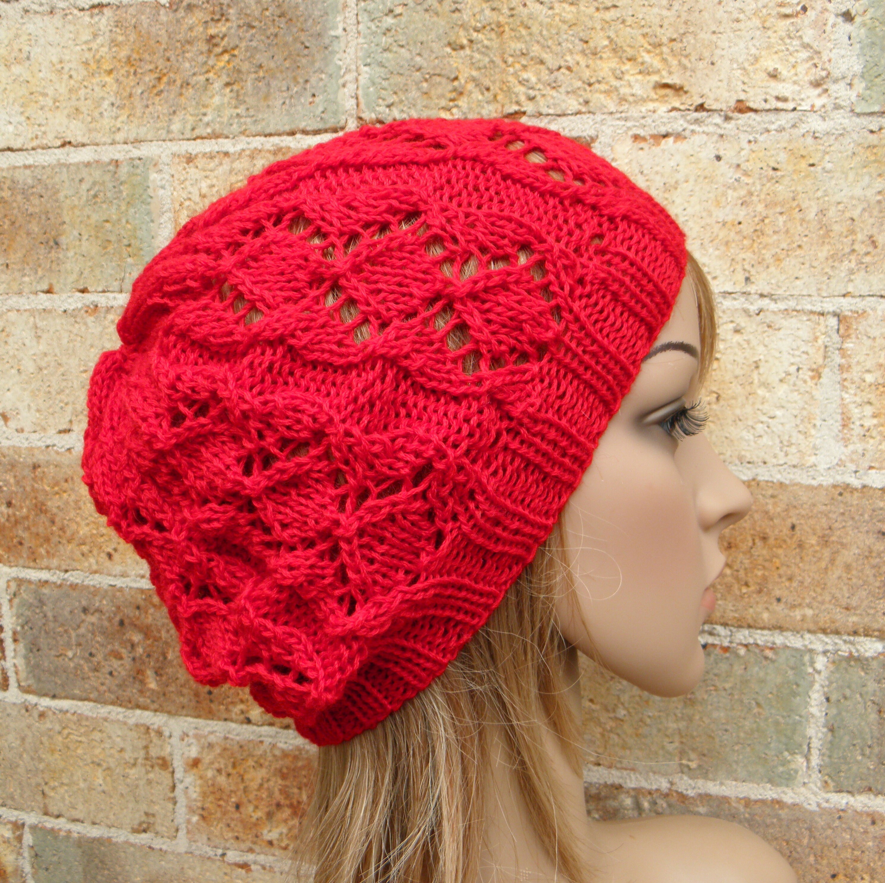 Hand Knit Beret Slouchy Hat Lacy in Tomato Red Soft Fine Wool Blend ...