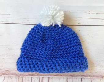 Baby boy hat royal blue with light grey pom pom crochet newborn pure merino wool beanie baby shower gift 0-3 months