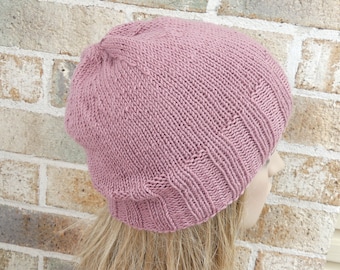 Silk wool hand knitted hat luxury gift for her women teen beanie muted old rose pink fine knit warm winter toque READY MADE