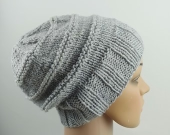 Hand knit slouchy hat Toddler Child boy girl wide band light grey gray luxury soft merino wool warm winter beanie handknitted slouch