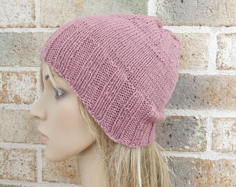 Silk wool hand knitted hat luxury gift for her women teen beanie muted old rose pink fine knit warm winter toque READY MADE