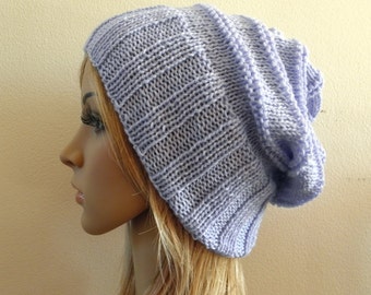 Hand knit slouchy hat wide band in light pale blue luxury soft australian wool - choose your colour handknitted slouch women men unisex