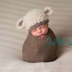 Lamb baby hat hand knit curly hat newborn cream ecru brown taupe boy girl animal beanie with ears gender neutral natural baby shower gift image 1