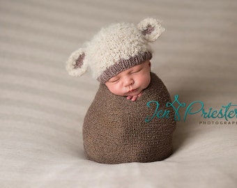 Lamb baby hat hand knit curly hat newborn cream ecru brown taupe boy girl animal beanie with ears gender neutral natural baby shower gift