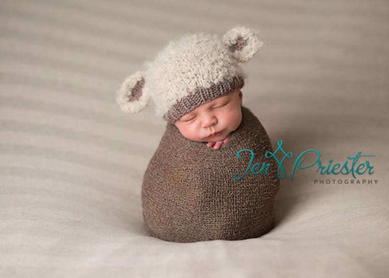 Lamb baby hat hand knit curly hat newborn cream ecru brown taupe boy girl animal beanie with ears gender neutral natural baby shower gift image 1