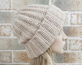 Oatmeal Hat fold over brim ribbed men cuffed beanie women chunky crochet knit winter warm pure soft wool natural sandstone beige slouchy