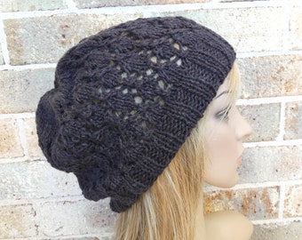 Knit hat charcoal dark grey beret alpaca merino slouchy hat womens lace beanie winter warm luxury woman knitted hat