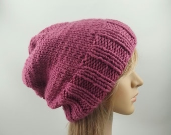 Hand knit slouchy oversized hat plum dusty pink beanie luxury chunky bulky thick winter warm knitted pure wool women teen baggy