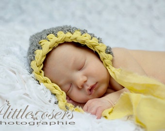 Newborn hat hand knit pixie bonnet baby girl boy hat grey gray yellow fabric ribbon trim ties baby shower gift newborn arrival gift