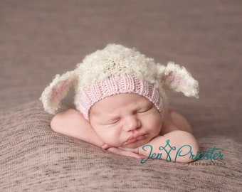 Lamb baby hat bonnet hand knit curly hat newborn photo prop cream white ivory ecru light pink girl animal beanie with ears