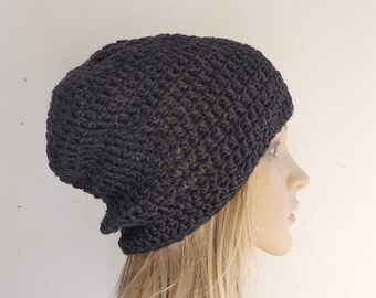 Crochet hat alpaca wool blend charcoal dark grey beanie women slouch men toque unisex hat warm winter READY MADE