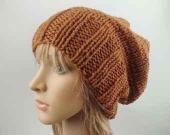 Hand knit slouchy oversized hat nut brown beanie luxury chunky bulky thick winter warm knitted pure wool women teen men unisex baggy slouch