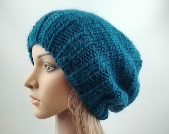 Hand knit slouchy oversized hat dark petrol teal blue beanie luxury chunky bulky warm knitted thick wool women teen men unisex baggy slouch