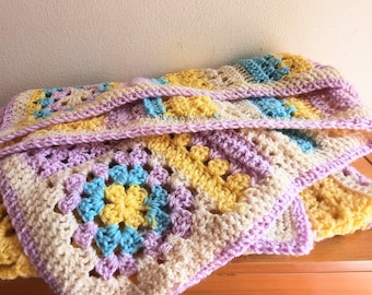 Crochet lap blanket granny square stripes multicolor baby girl toddler throw nursery decor pram cot blankie yellow pink mauve turquoise ecru
