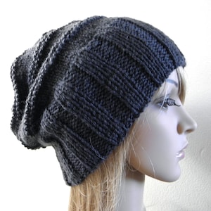 Hand knit slouchy hat wide band in charcoal grey dark gray australian wool alpaca women beanie men unisex touque warm winter slouch