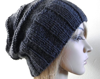 Hand knit slouchy hat wide band in charcoal grey dark gray australian wool alpaca women beanie men unisex touque warm winter slouch