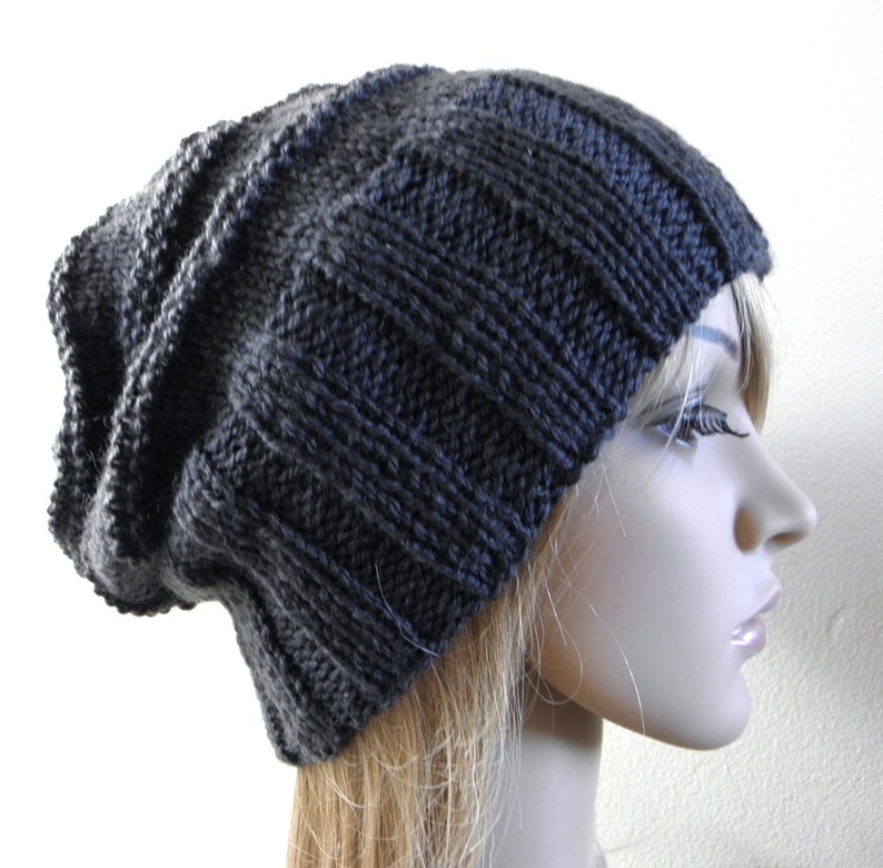 Hand knit slouchy hat wide band in charcoal grey dark gray australian wool alpaca women beanie men unisex touque warm winter slouch image 1