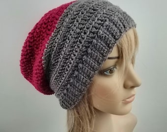 Slouchy hat colour block beanie cranberry maroon and mushroom brown grey warm winter hat crocheted wool unisex men women
