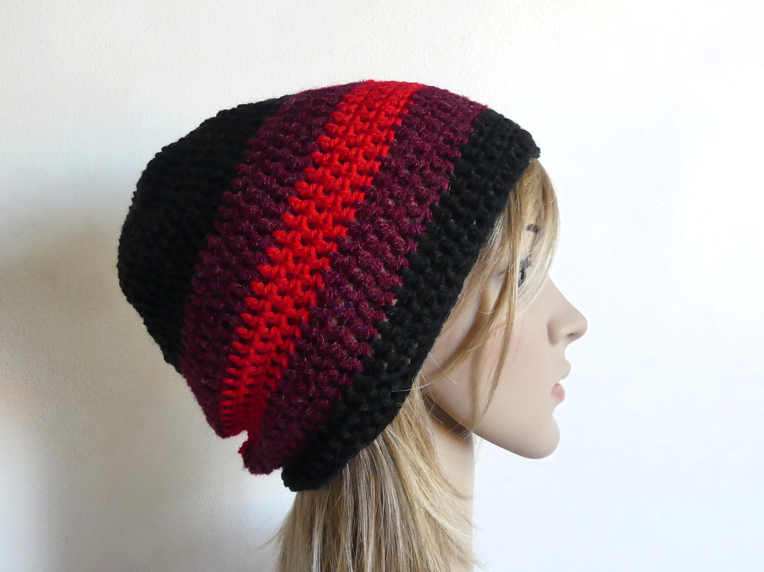 Crochet Beanie Black Dark Red Oxblood 