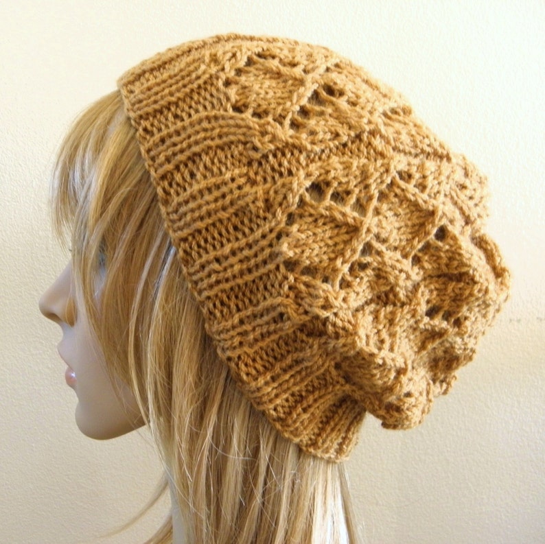 Lacy Beret Slouchy Hat Hand Knit in Caramel Toffee Camel Light Brown