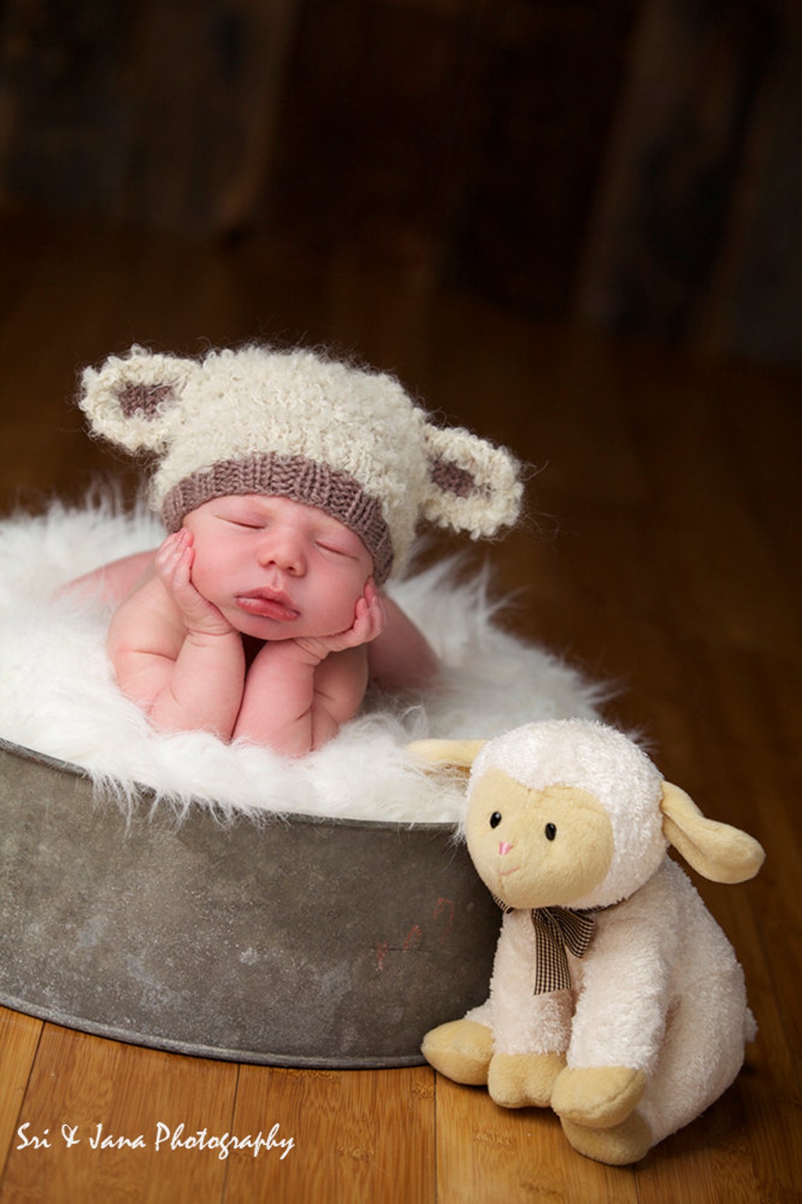 Baby Lamb Hat Newborn Photo Prop Hand Knit Curly Cream Brown Taupe Boy