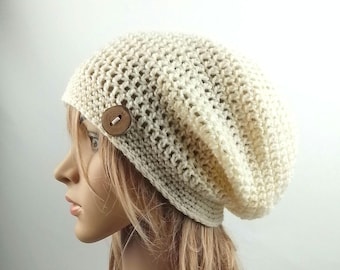 Crochet hat with wooden button cream off-white beanie women slouch beret toque unisex hat soft vegan friendly